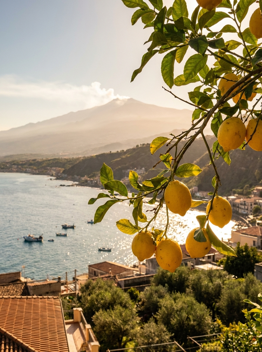 Paesaggio siciliano: mare, limoni e l'Etna sullo sfondo